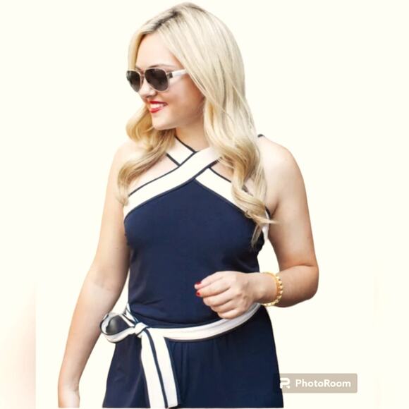 Ann Taylor Navy Blue White Belted Sleeveless Straight Leg Casual Jumpsuit Size 8 - Picture 2 of 14